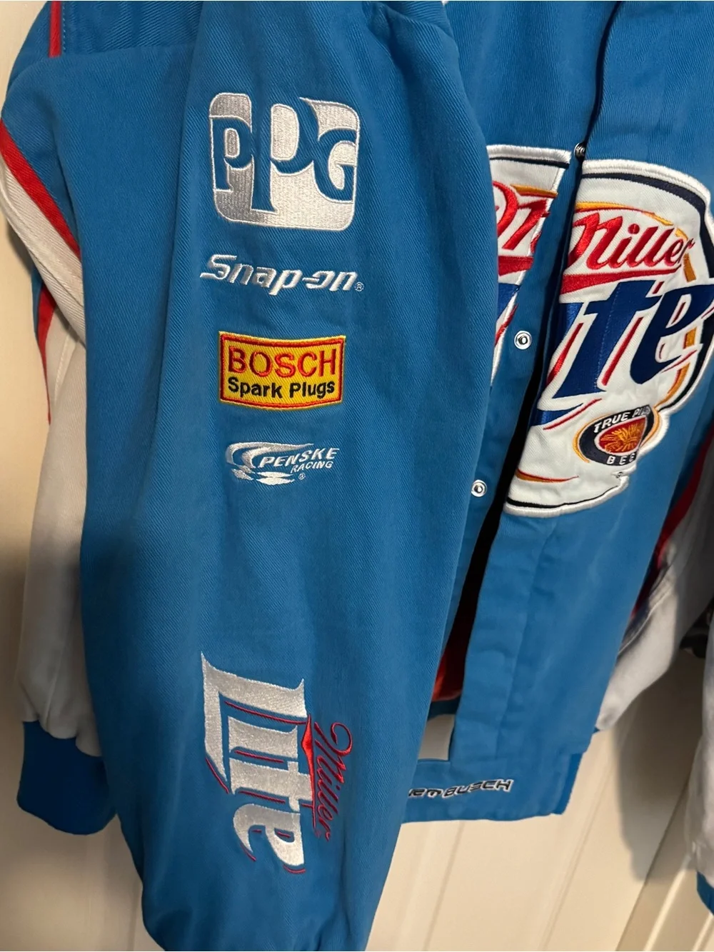 Vintage Kurt Busch Miller Lite Racing Jacket - Blue White Red Logo